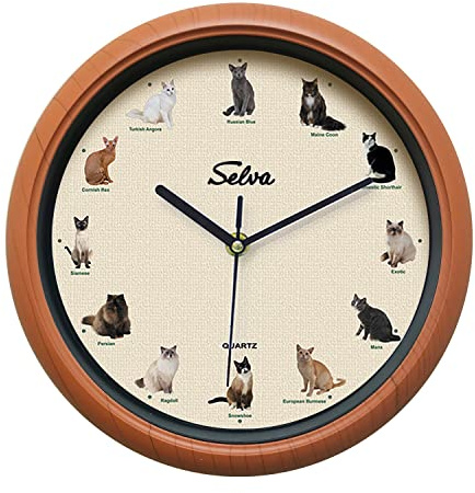 SELVA Tieruhr, Wanduhr, mit Tierlauten zu jeder Stunde und farbenfrohe Illustrationen, Gehäuse aus Kunststoff, Holzoptik, Farbe:Katzen
