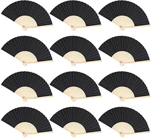 12 Stück Handfächer Papier Fächer Hochzeit Hochzeitsdeko Hand Fan Asiatische Deko für Sommer Geburttag, Gruppe, Diy, Wand Dekoration (Schwarz)