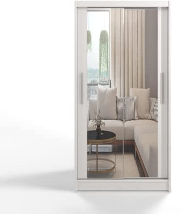 ML Furniture C7 Schiebetüren Kleiderschrank 100 cm mit Spiegel - Schlafzimmermöbel, Aufbewahrung - Mehrzweckschrank - Farbe: Weiß