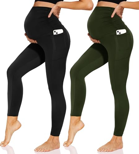 Sundwudu Paquete de 2 Leggings de Maternidad sobre el Vientre, Pantalones de Yoga de Cintura Alta para Mujer, Pantalones de Entrenamiento Activo con Bolsillos, Negro y Verde, Large