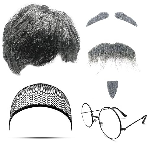 MIVAIUN 7Pcs Juego de Pelucas de Abuelo Accesorios de Disfraz Anciano Pelucas para Hombres Barba Falsa Cejas Gorro de Peluca Gafas para Halloween Navidad Cosplay Fiesta Temática(Old Man Set)