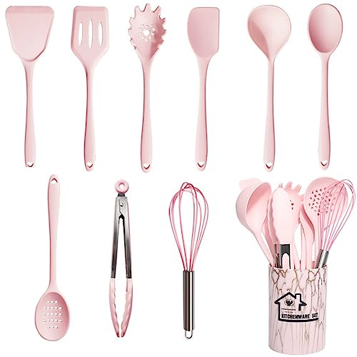 UXIYI Silikon-Utensilien-Set Küchenutensilien, 10-teiliges Kochutensilien-Set, einschließlich Turner-Spachtel-Kochzange Löffel Antihaftbeschichtung hitzebeständig,Rosa