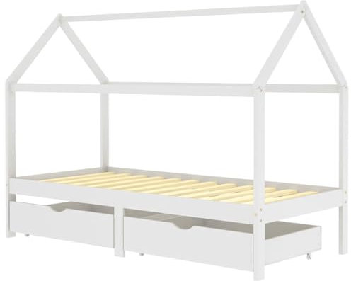 vidaXL Kiefernholz Massiv Kinderbett mit Schubladen Baumhaus-Stil Kinderhaus Hausbett Bett Lattenrost Bettgestell Holzbett Kinderzimmer Weiß 90x200cm