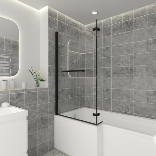 NRG 810 x 1400mm L Shaped Bath Screen with Hinged Return and Towel Rail Black Framed Safety Glass