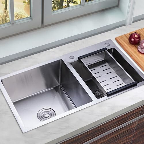 Edelstahl Doppelspüle, 304 Edelstahlspüle Spülbecken, 78 * 43 * 21CM Einbauspüle Küchenspüle Haushaltsspüle Doppelbecken Eckig Spüle Set, mit Abtropfkorb, Abfallfilter, Abflussvorrichtung