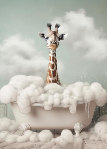 Deqosy Giraffe in Badewanne, Poster 50cm x 70cm ohne Rahmen, Toilette Badezimmer Deko Bild, Wand-Deko Bilder Lustiges Geschenk