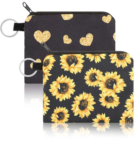 2 Pcs Sunflowers Coin Purse Fabric Coin Pouch with Key Ring, Zipper Heart Coin Bag, Small Black Canvas Purse Pouch, Travel Portable Keychain Wallet