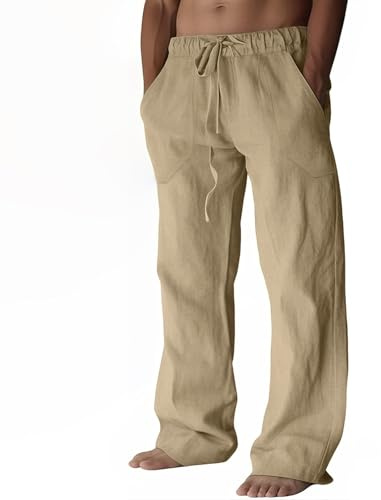 Puimentiua Leinenhose Herren,Lang Leichte Sommerhose,Sommer Leinen Hosen,Loose Fit Baumwollehosen mit Tunnelzug und Taschen (Kaffee,L)
