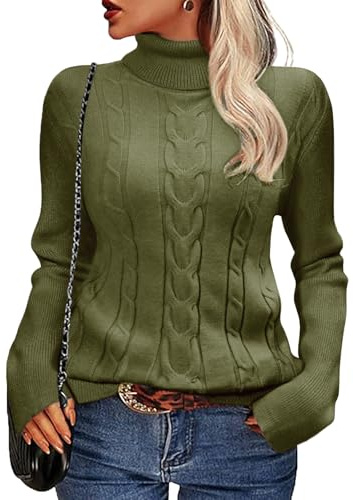 Heekpek Pull Femme Hiver Chic Col Roulé en Tricot Câblé - Sweat Chaud à Manches Longues Thermique pour Femmes, Vert Armée, S