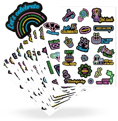 ECCK Neon Sticker Set, 200 wasserfeste Aesthetic Aufkleber für Geburtstag, Laptop, Trinkflasche & Fahrrad, Coole Geburtstag Deko für Geschenke, Einladungen, Scrapbook, Journal & Karten