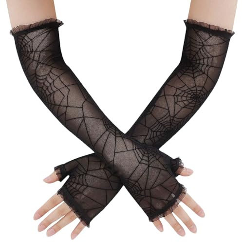 Suxgumoe Lace Gloves for Women, Black Spider Web Ladies Long Fingerless Gloves Fancy Dress Summer UV Protection Lace Arm Sleeves for Halloween Party Driving Riding
