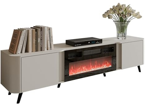 Mirjan24 TV Schrank Volkiro 200 EF mit Elektrischem Kamin mit Heizung, Realistische LED-Flamme, 2 Türen, Fernsehschrank, TV Lowboard Fernsehtisch (Cashmere)