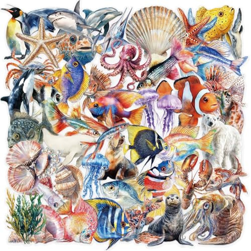 Meerestiere Aufkleber Transparent Marine Life Sticker Set 50 Stücke Niedlich Deko für Auto Laptop Skateboard Fahrrad Moped Motorrad Fahrrad Computer,Geeignet für Erwachsene Kinder