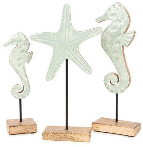Logbuch-Verlag Maritime Deko Figuren aus Holz 3er Set Seepferdchen + Seestern mintgrün Sommer Baddeko 19-28 cm