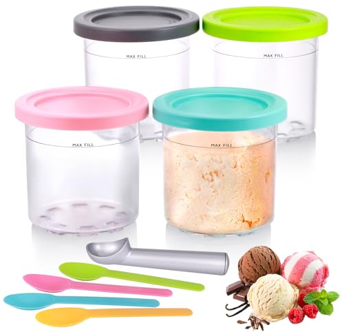 Hejo 4 Piezas Recipiente de Helado para Ninja Creami, 450 MLContenedor de Helado para NC300EU NC301EU NC299AMZ, Dessert Tubs de Helados con Tapa y Cuchara de Aluminio