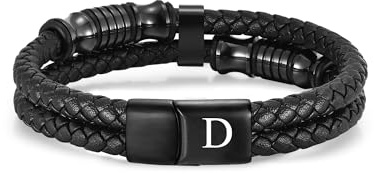 TOLOWOBK Pulsera de cuero para hombre con letras grabadas de la A a la Z, pulsera con inicial para hombres, regalos para hombre, papá, hijo, marido, novio, pulseras de cuero de doble capa para hombres