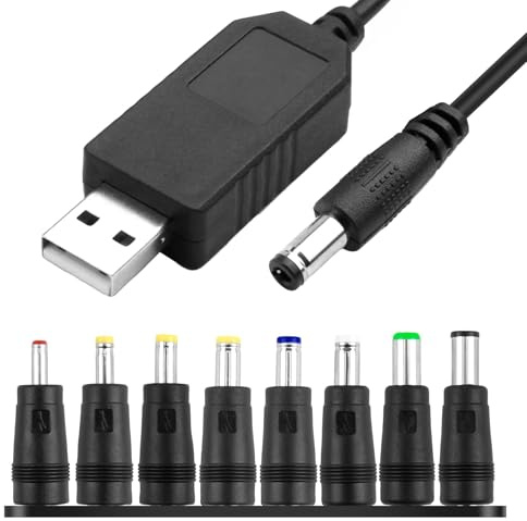 USB to DC 9V Cable 1M Universal USB to DC Power Chager Cord 5.5 X 2.1mm | Plug Adapter with 8 Interchageable DC Connectors 9V Fast Charging Cable DC Adapter Compatible for Laptops Router Keyboard Toy