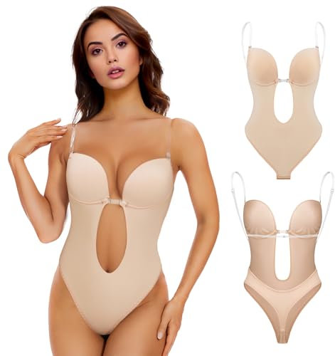 Sahunfri Strapless Shapewear Bodysuit for Women Tummy Control,Waist Tightening Clear Bra Straps with Deep V-Neck Backless Bra for Parties,Homewear (Flesh, XL)