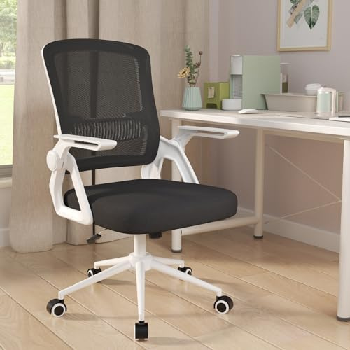 naspaluro Bürostuhl Ergonomisch mit Hochklappbare Armlehnen Schwarz Weiß | Schreibtischstuhl , Drehstuhl mit Netzbespannung, Lordosenstütze, Höhenverstellbarer, Wippfunktion, Gepolstertem Sitzkissen
