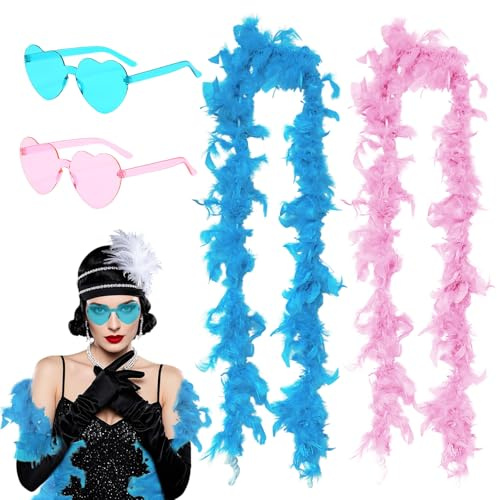 SAIIURV 4PCS Boa di Piume Colorate con Occhiali da Sole Senza Cornice, 2M/6.6ft Boa di Piume Lungo da Donna 20s Accessorio per Costumi, Carnevale, Festa a Tema, feste, Halloween (Blu+Rosa)
