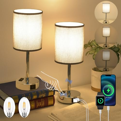 LSWZZ LED Nachttischlampe Touch Dimmbar 2er Set, Tischlampe mit Ladefunktion USB A+C-Anschlüssen, Kleine Lampe für Nachttisch Schlafzimmer Wohnzimmer Babyzimmer Büro (Grau-2 Stück)
