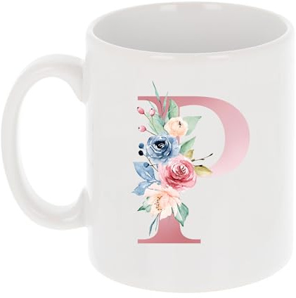 Tazza da caffè personalizzata con iniziale floreale, con monogramma e lettera dell'alfabeto P in oro rosa, regalo per lei, migliore amica, mamma, moglie, compleanno, matrimonio, festa della mamma