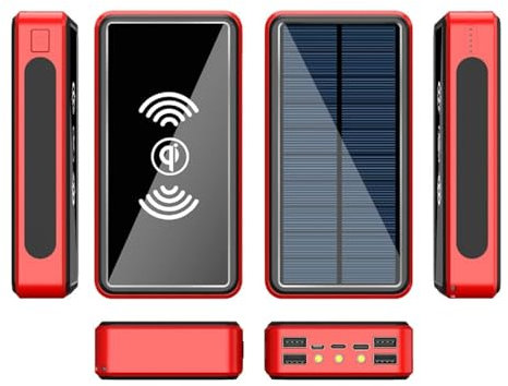 KHUKHU Chargeur Solaire Portable 100000 mAh, Batterie Externe USB-C avec 5 Sorties, 4 entrées et Lampe de Poche LED.,Rouge