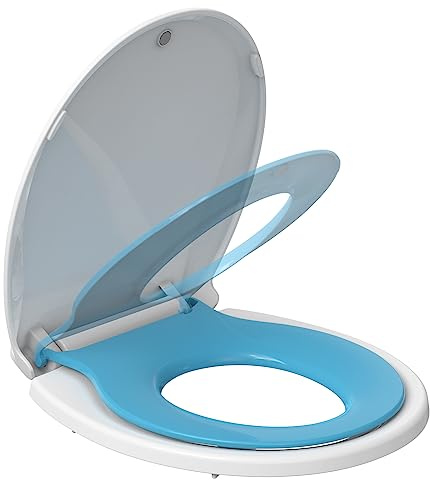 Round Toilet Seat Soft Close 17'' with Toddler Seat Built In, Potty Training Toilet Seat Round Fits Both Adult and Child, with Slow Close and Magnets, Easy Installation & Release- Blue