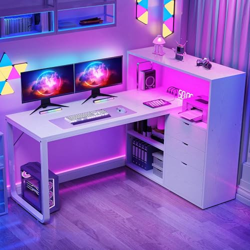 DWVO L Shaped Desk with Drawers, 55 Corner Computer Desk with Bookshelf & Power Outlets & LED Lights, Home Office Desk with Storage Shelves, White