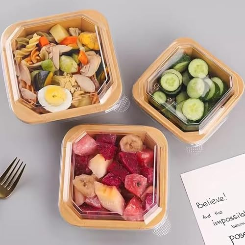 HOT BARGAINS 50 x 1000ml Disposable Paper Salad Containers with Clear Reusable Lids – Octagon Take Out Food Bowls for Salad, Meal Prep, Leak-Proof, Recyclable Food Containers (50, Octagon (1000ml))