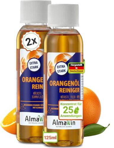 AlmaWin® Orangenöl Reiniger EXTRA STARK [2x 125ml] ideal als starker Allesreiniger & Fettlöser - Veganes Orangenreiniger Konzentrat mit fruchtigem Duft - Besonders ergiebiger Orangenölreiniger