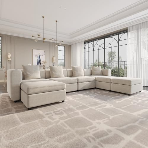 Guyii Modulares Sofa, Stoffsofa, 7-Sitzer Sofa, Bequemer Wohnzimmersofa, Flexibles Sofasystem, Modularer Couch, Chaiselongue für Wohnzimmer (7 Sitzplätze (4 Sitze und 3 Ottomanen))