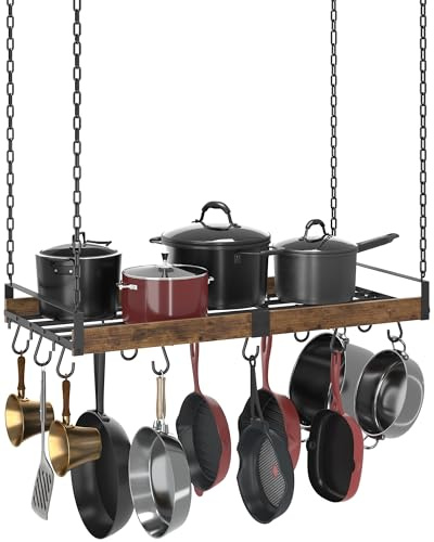 Creso hom Hanging Pot Rack, 31.5x15.75 Inches Pot Hangers for Kitchen, Pan Hanging Rack with 15 S-Shaped Hooks, Vintage Ceiling Mounted Pan Holder for Cookware Storage, Rustic Brown and Black