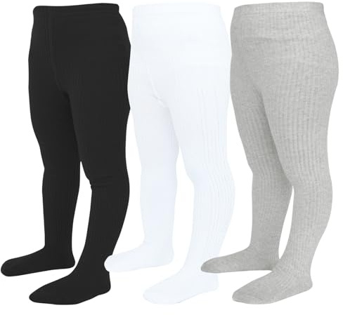 Mini angel Baby Tights 6-12 Months Toddler Ribbed Knit Leggings Cotton Infant Stockings Pantyhose 3 Pack (White/Black/Grey,S)