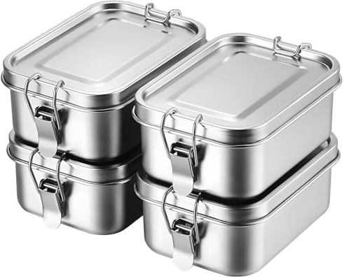 Packool 4 Pcs Stainless Steel Bento Boxes, 29 oz Metal Lunch Boxes with Lock Clips, Food Storage Containers, Leakproof Snack Boxes, 304 Stainless Steel Lunch Containers, Dishwasher Safe