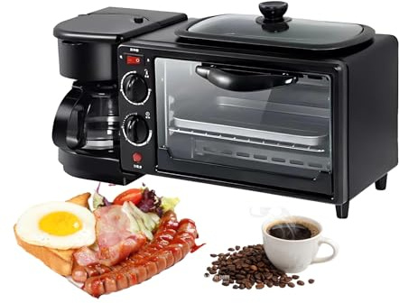 Mini Forno 7l 4 in 1 per Colazione Con Piastra Antiaderente, Macchina Caffè E Tostapane, Elettrodomestico Compatto per Appartamento, Camper E Cucina Piccola