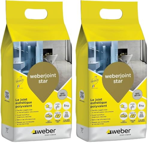 Weber Mortier joint carrelage décoratif hydrofugé, spécial intérieur et extérieur, largeur 2 à 10mm, 5kg, gris beton, WEBERJOINT STAR (Lot de 2)