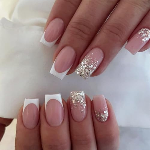 Virellay 24 Stück Press on Nails, Square Rosa Weiß Glitzer French Design Fake Nails, Natürlich Falsche Nägel, Full Cover Fingernägel zum Aufkleben für Frauen Nail Art (French Glitzer)