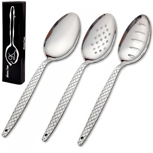 BNAZIND 3-Pack Chef Kunz Spoon | 9 Inch S.S 18/10 Silverware Set of Serving, Slotted and Perforated Spoons Perfect for Basting, Plating, Quenelle, Sauces with Non-Slip Grip
