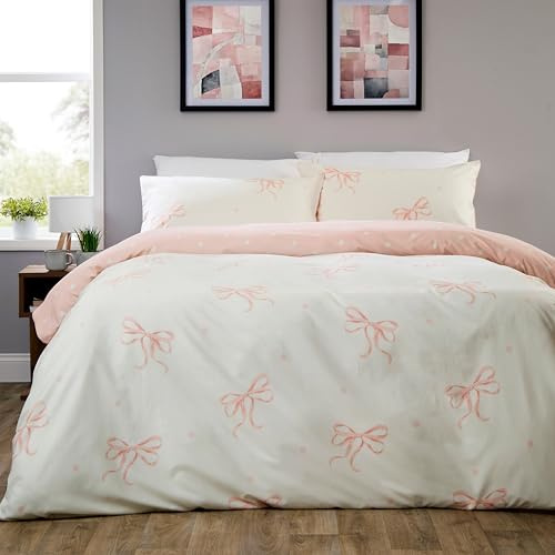 Olivia Rocco Easy Care Printed Duvet Cover Set 100% Microfibre Polyester Breathable Stylish Comforter Reversible Quilted Bedding Bed Sets With Pillowcases, Bows Pink- Double