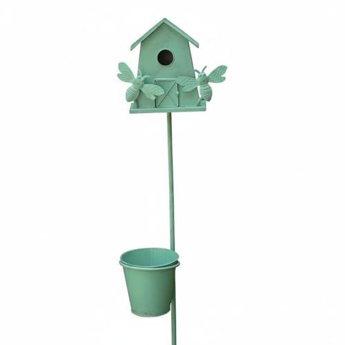 PETSOLA Decorative Birdhouse Stake with Planter Vintage Style Metal Birdhouse Garden Stake Freestanding Wrought Avian Feeder Feeder Planter for Balcony, Bee
