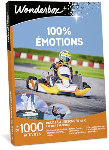 WONDERBOX - 100% Émotions - Coffret Cadeau - Idée Cadeau Aventure | 1 activité sportive au choix - Plus de 1000 expériences - Pilotage ou baptême de GT, karting, kayak, parcours aventure