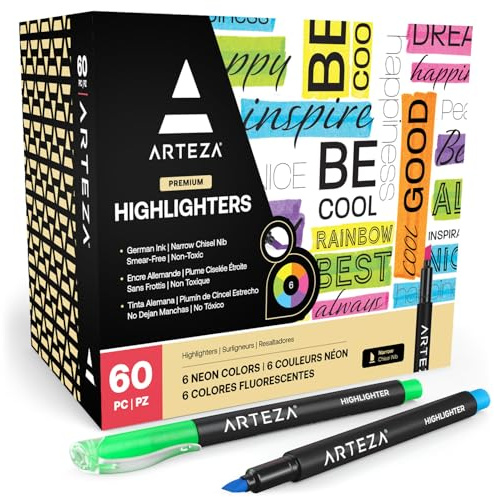 Arteza Textmarker Set, 60 bunte Leuchtmarker mit schmaler Keilspitze in 6 Neonfarben, Textliner zum Notieren und Markieren im Klassenzimmer und im Alltag