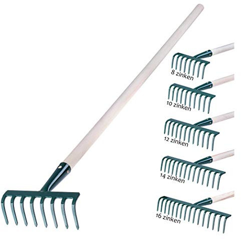 KADAX Rechen aus Metall, Flache Harke mit Stiel aus Holz, Laubbesen für Garten, Beet, Laubrechen, Rasenrechen, grün, Gartengerät, Heurechen, Gartenwerkzeug, Gartenharke (8 Zinken)
