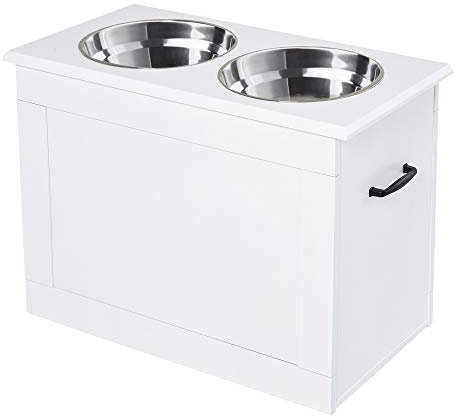 PawHut Raised Dog Bowls, Pet Feeding Storage Station with Two Stainless Steel Bowls, Base, for Large Dogs, White