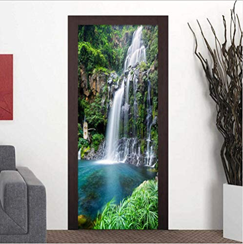 Sticker de Porte Trompe l'Oeil Effect 3D 88cm x 200cm Paysage de cascade Auto-Adhésif Amovible impermeable Autocollant Poster de Porte Stickers muraux pour Salon Cuisine Chambre Salle de Bain Mur