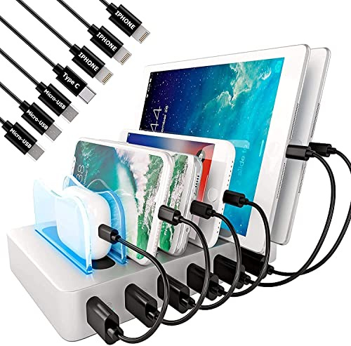 PhoNecessity USB Charging Station Dock - Fast Charge Docking Station for Multiple Devices - Multi Device Charger Organizer - Compatible with Apple and Android (Silver 6-Port)