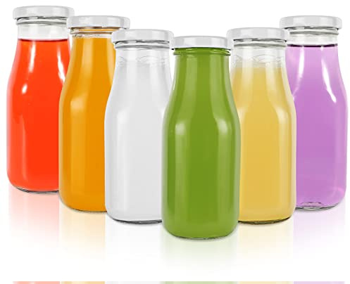 SHiZAK 6 Pack 11 oz / 330 ml Clear Glass Milk Bottles with Lids (Tinplate). Glass Drinking Bottles for Juicing,Water,Honey. Vintage Jars With 40 Labels and 1 Pen