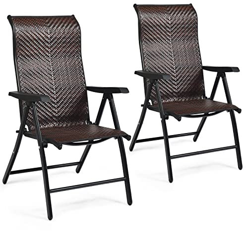 COSTWAY 2er Set Gartenstühle Polyrattan, Klappstühle mit 5-Fach Verstellbarer Rückenlehne, Hochlehner Balkonstühle, wetterfeste klappbare Terrassenstühle für Garten, Balkon, Terrasse