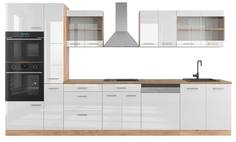 Vicco Küchenzeile R-Line, Weiß Hochglanz/Goldkraft Eiche, 350 cm mit Hochschrank, ohne Arbeitsplatte, zur individuellen Erweiterung und flexiblen Anordnung geeignet